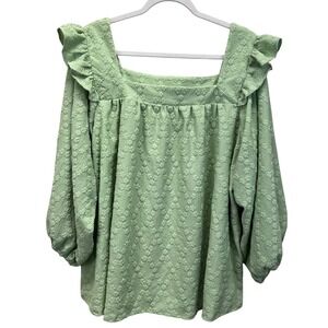 Jade by Jane Green Textured Peasant Square Neck Flutter Sleeve Top Plus Size 3X